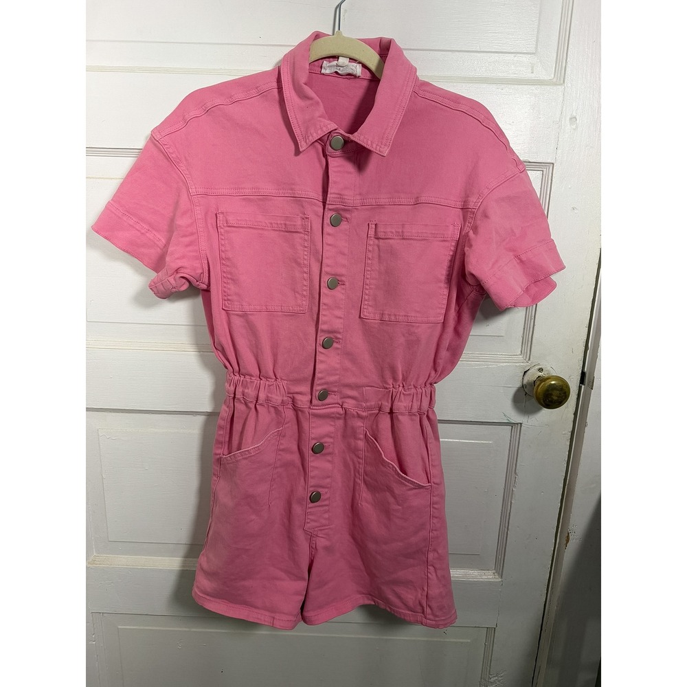 Day + Moon Pink Denim Romper Short Sleeve Button Front Utility Playsuit Small